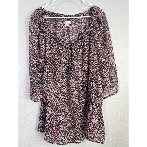 Liz Claibrone Top Sz 3X Black Pink Floral Flutter Sleeve Tunic Smocked Chiffon - Picture 1 of 8